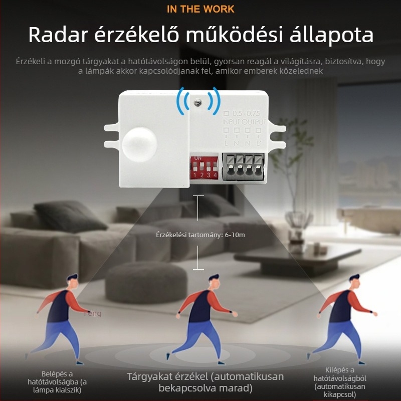 Megvilágított mikrohullámú mozgásérzékelő okos otthoni világításhoz, 220-240V, állítható késleltetés