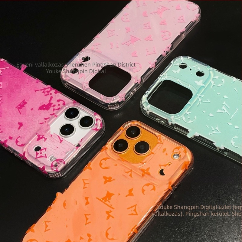 Minimalista iPhone 17 tok Xingyu narancs színben, presbiopia-ihletésű, gradient ragyogó glitterrel és dombornyomott felülettel