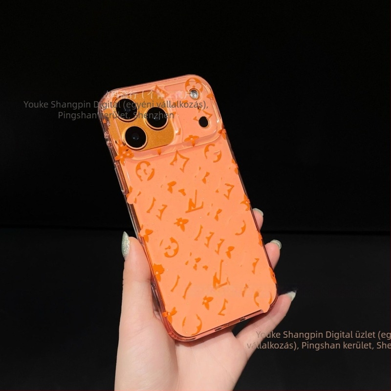 Minimalista iPhone 17 tok Xingyu narancs színben, presbiopia-ihletésű, gradient ragyogó glitterrel és dombornyomott felülettel