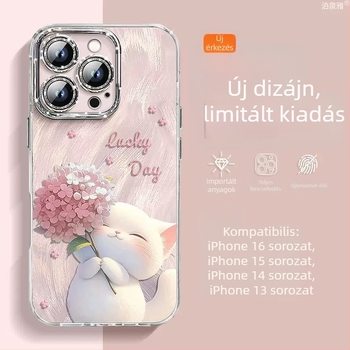 iPhone 16 Pro Max és iPhone 14/13 Pro kompatibil védőtok, csillogó tollas fonal és aranyos cicás mintával, ütésálló