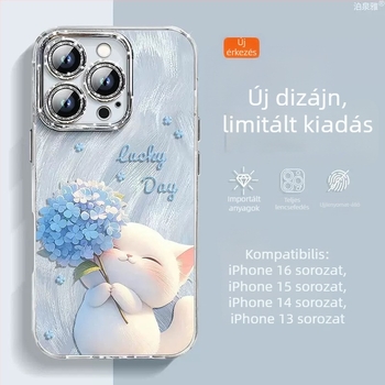 iPhone 16 Pro Max és iPhone 14/13 Pro kompatibil védőtok, csillogó tollas fonal és aranyos cicás mintával, ütésálló