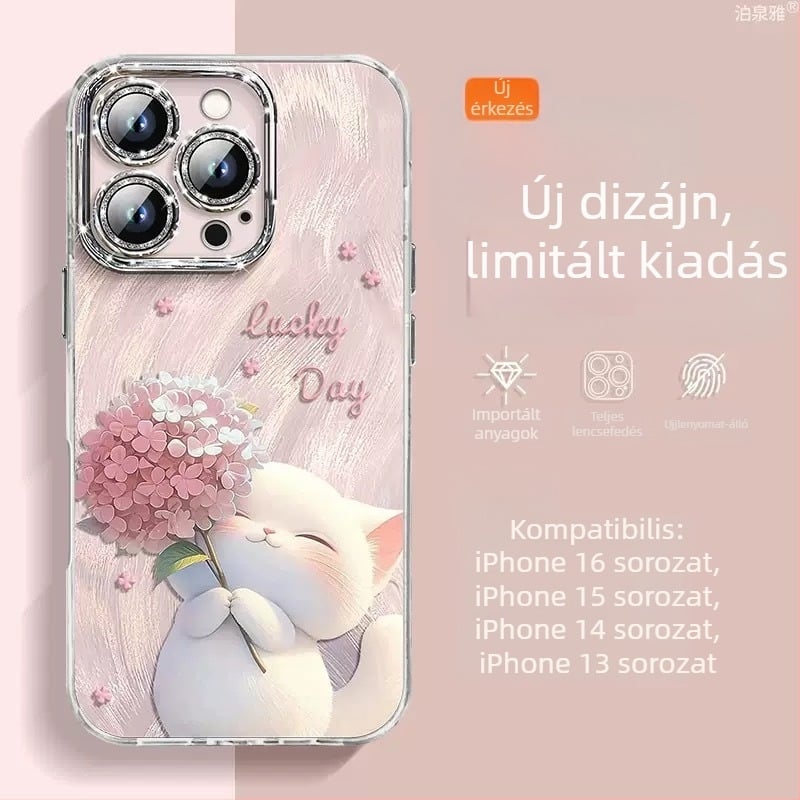 iPhone 16 Pro Max és iPhone 14/13 Pro kompatibil védőtok, csillogó tollas fonal és aranyos cicás mintával, ütésálló