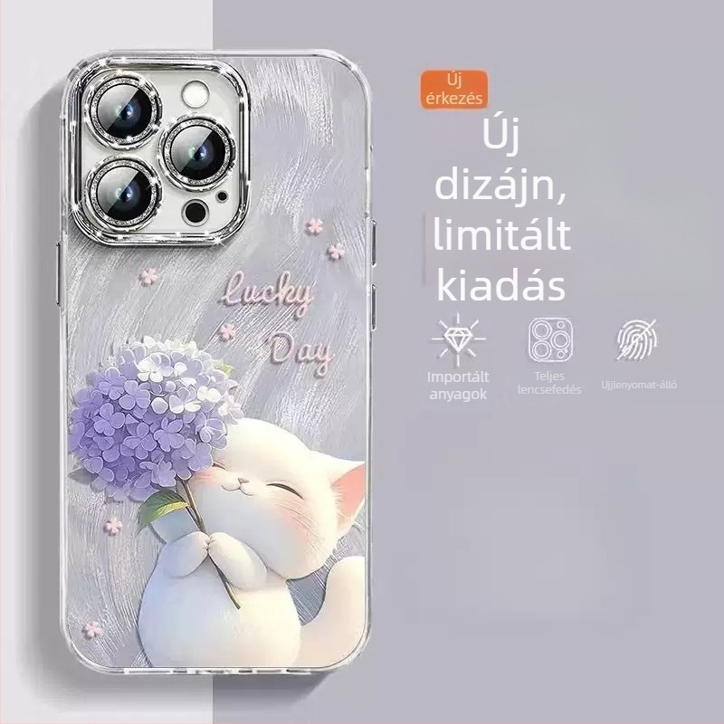 iPhone 16 Pro Max és iPhone 14/13 Pro kompatibil védőtok, csillogó tollas fonal és aranyos cicás mintával, ütésálló