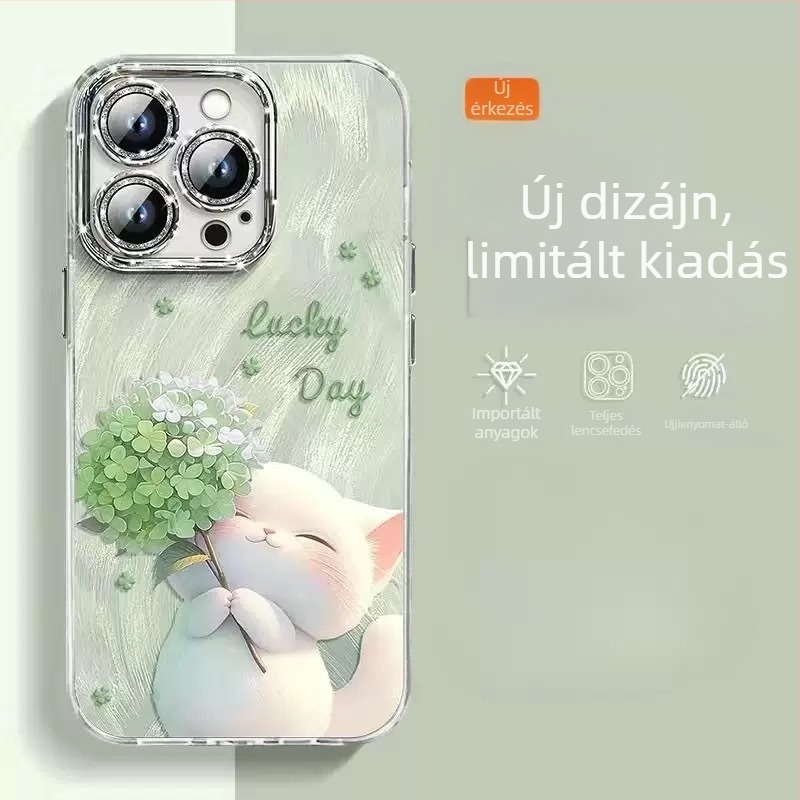iPhone 16 Pro Max és iPhone 14/13 Pro kompatibil védőtok, csillogó tollas fonal és aranyos cicás mintával, ütésálló