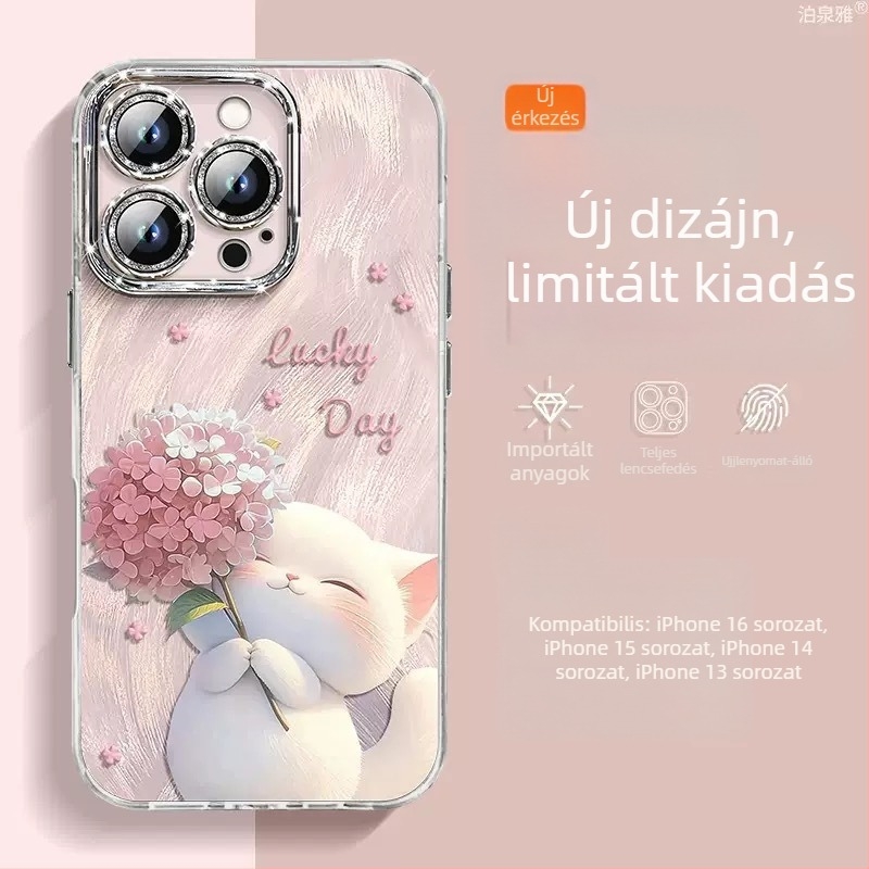 iPhone 16 Pro Max és iPhone 14/13 Pro kompatibil védőtok, csillogó tollas fonal és aranyos cicás mintával, ütésálló