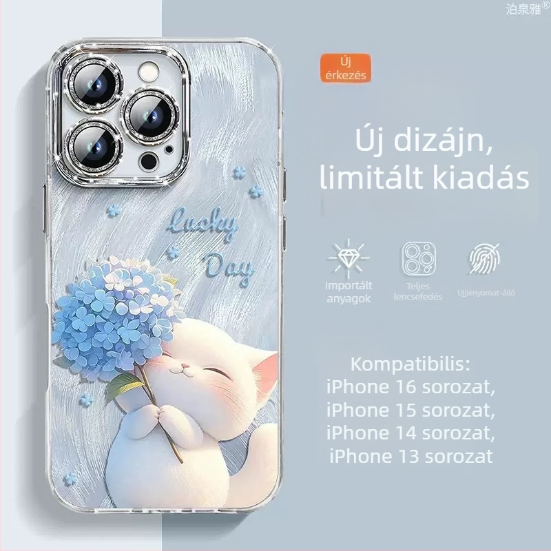 iPhone 16 Pro Max és iPhone 14/13 Pro kompatibil védőtok, csillogó tollas fonal és aranyos cicás mintával, ütésálló