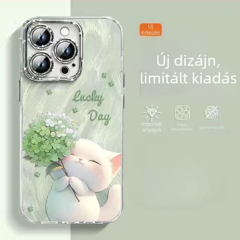 iPhone 16 Pro Max és iPhone 14/13 Pro kompatibil védőtok, csillogó tollas fonal és aranyos cicás mintával, ütésálló