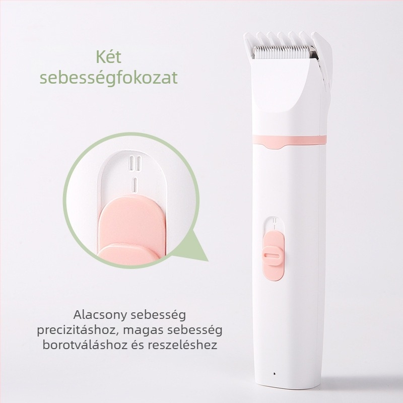 Elektromos 4 az 1-ben állatgondozó készülék kutyák és macskák számára: 32 mm széles vágófej, 20 mm keskeny vágófej, 9 mm keskeny lábszőr vágófej, csiszolófej és korlátozó adapter