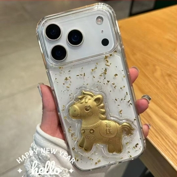 Újévi epoxigyanta tok iPhone 17 Pro Max és iPhone 16 számára, átlátszó, A Vagyon Istene és a Ló év motívummal