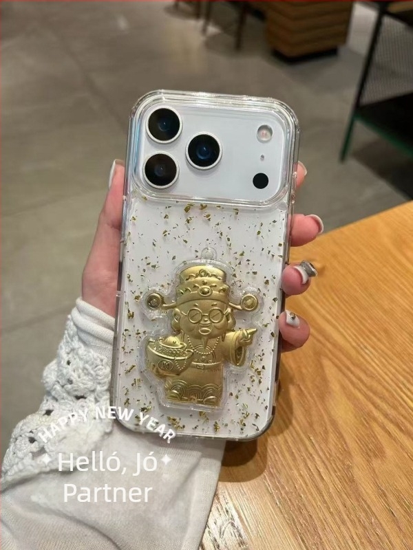 Újévi epoxigyanta tok iPhone 17 Pro Max és iPhone 16 számára, átlátszó, A Vagyon Istene és a Ló év motívummal
