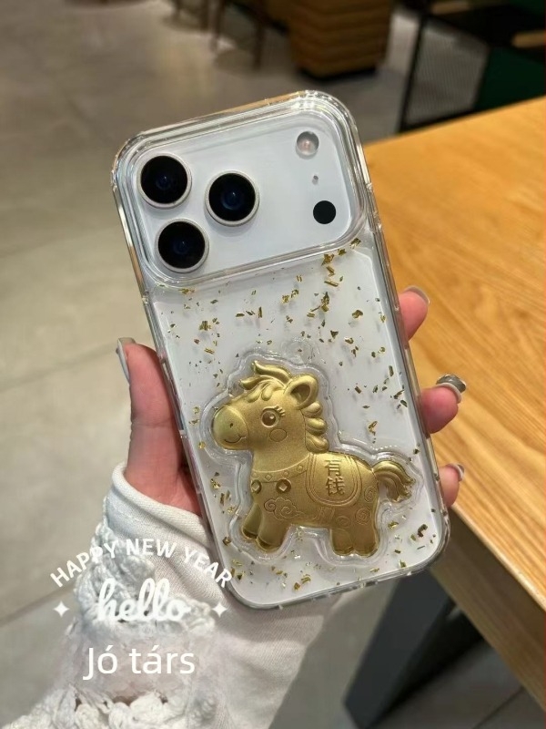 Újévi epoxigyanta tok iPhone 17 Pro Max és iPhone 16 számára, átlátszó, A Vagyon Istene és a Ló év motívummal
