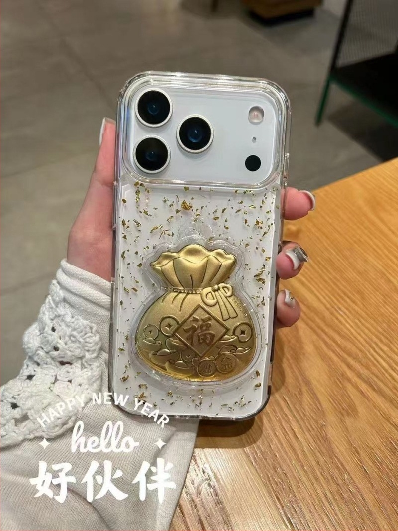 Újévi epoxigyanta tok iPhone 17 Pro Max és iPhone 16 számára, átlátszó, A Vagyon Istene és a Ló év motívummal