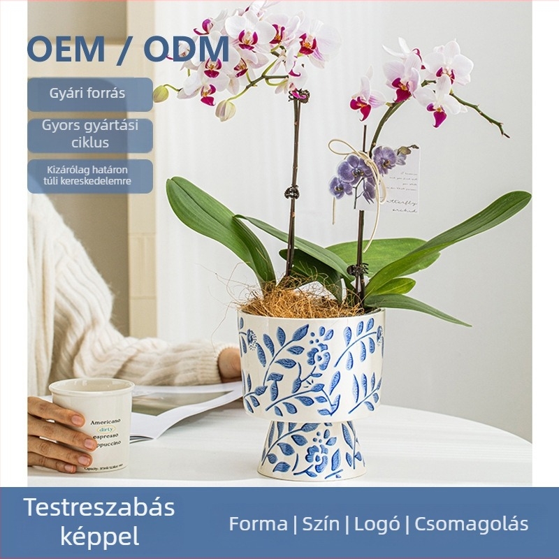 Személyre szabott kerámia asztali orchidás cserépedény, új kínai stílus, kék-fehér porcelán mini virágtartó