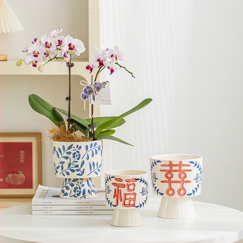 Személyre szabott kerámia asztali orchidás cserépedény, új kínai stílus, kék-fehér porcelán mini virágtartó