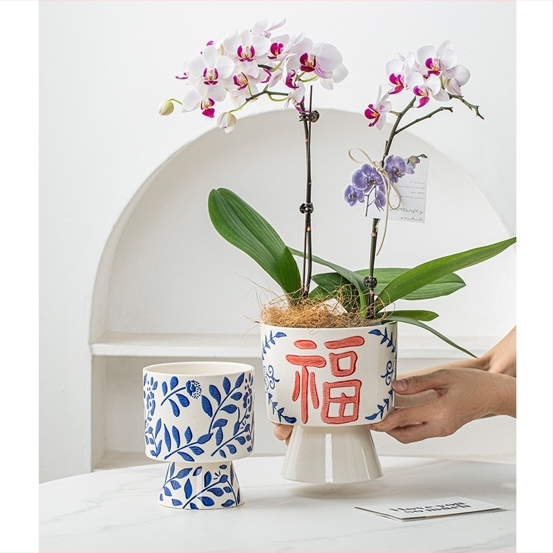 Személyre szabott kerámia asztali orchidás cserépedény, új kínai stílus, kék-fehér porcelán mini virágtartó