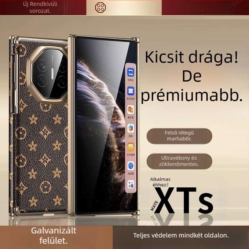 Huawei Mate Xs telefonhoz való védőtok, bőr, elektroplatinált felülettel, háromrészes hajtogatható kivitel, dupla tengely
