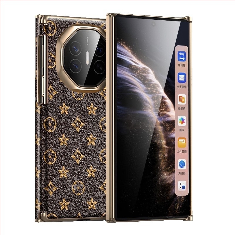 Huawei Mate Xs telefonhoz való védőtok, bőr, elektroplatinált felülettel, háromrészes hajtogatható kivitel, dupla tengely