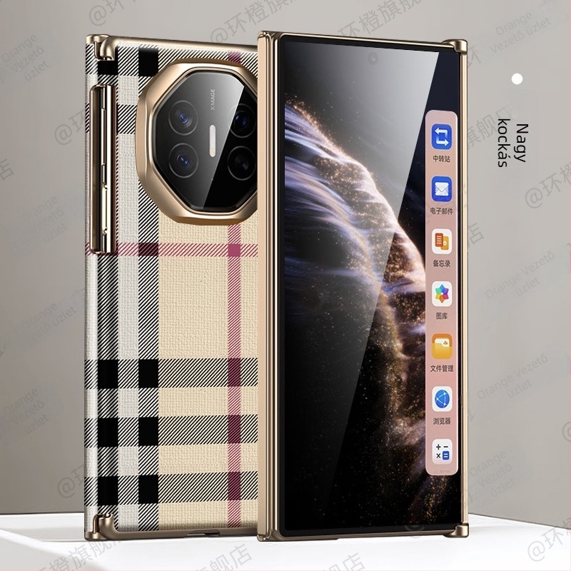 Huawei Mate Xs telefonhoz való védőtok, bőr, elektroplatinált felülettel, háromrészes hajtogatható kivitel, dupla tengely