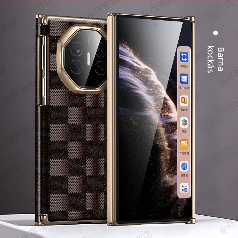 Huawei Mate Xs telefonhoz való védőtok, bőr, elektroplatinált felülettel, háromrészes hajtogatható kivitel, dupla tengely