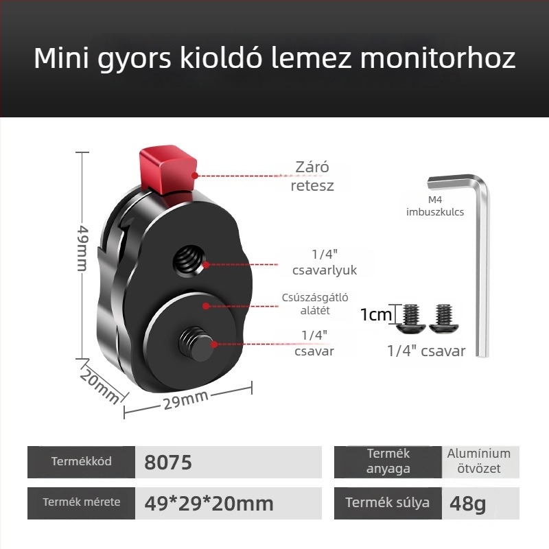 DSLR és tükrö nélküli kamerák Quick Release alaplapja — állványhoz, stabilizátorhoz és monitorhoz, kompakt mini kioldólemez