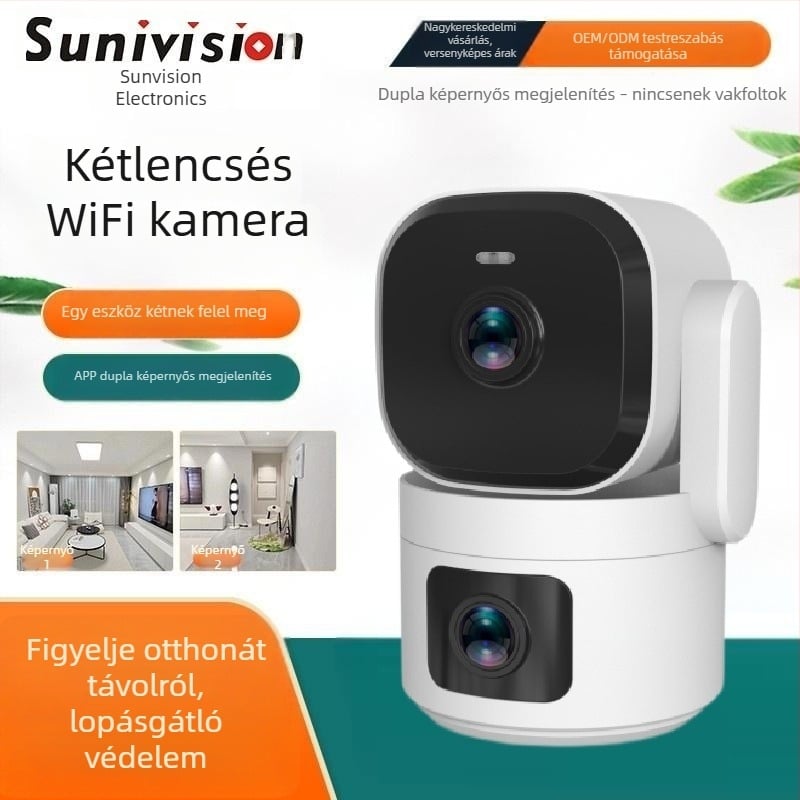 Beltéri Wi‑Fi megfigyelő kamera dupla objektívvel, 360°-os pan-tilt, okostelefonnal kompatibilis