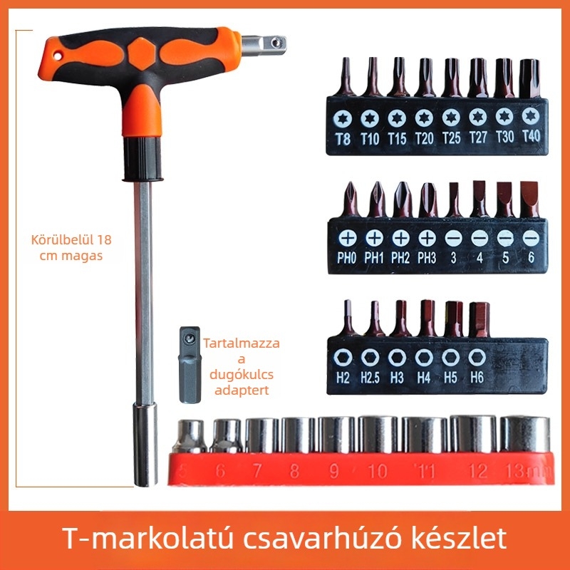 T-markolat hosszabbított csavarhúzó készlet: laposfejű, Philips, HEX és Torx bitekkel, háztartási használatra