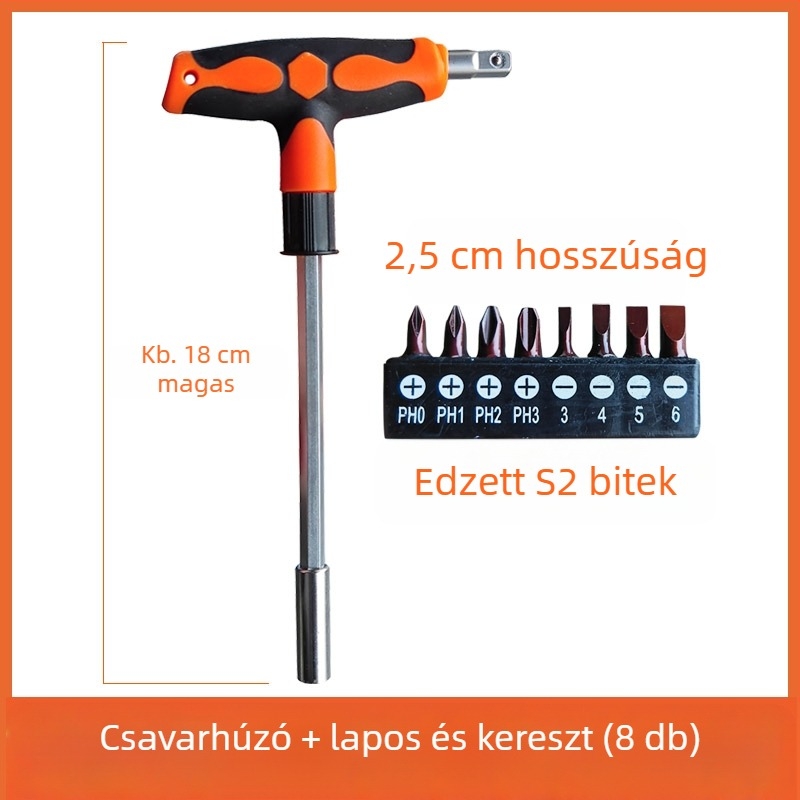 T-markolat hosszabbított csavarhúzó készlet: laposfejű, Philips, HEX és Torx bitekkel, háztartási használatra