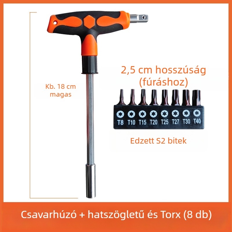 T-markolat hosszabbított csavarhúzó készlet: laposfejű, Philips, HEX és Torx bitekkel, háztartási használatra
