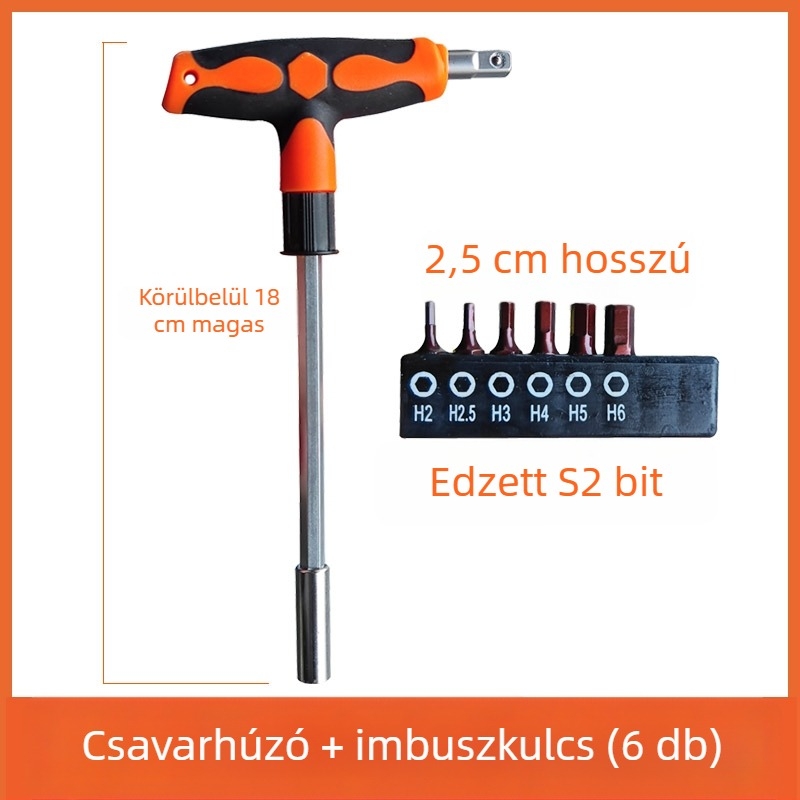 T-markolat hosszabbított csavarhúzó készlet: laposfejű, Philips, HEX és Torx bitekkel, háztartási használatra