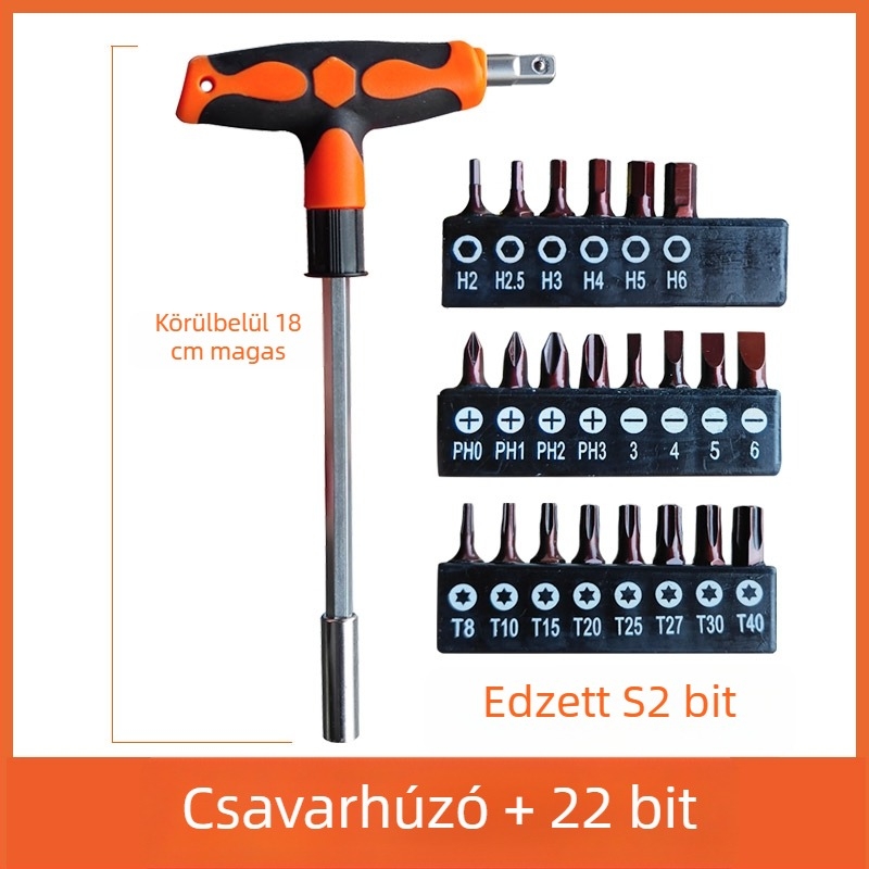 T-markolat hosszabbított csavarhúzó készlet: laposfejű, Philips, HEX és Torx bitekkel, háztartási használatra