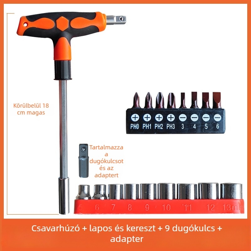 T-markolat hosszabbított csavarhúzó készlet: laposfejű, Philips, HEX és Torx bitekkel, háztartási használatra