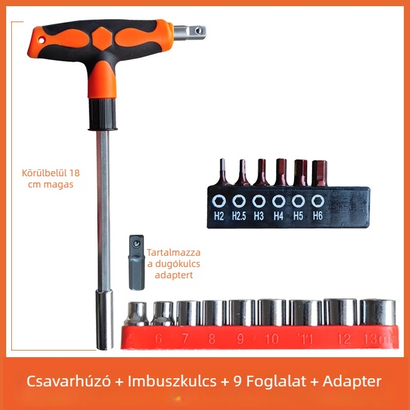 T-markolat hosszabbított csavarhúzó készlet: laposfejű, Philips, HEX és Torx bitekkel, háztartási használatra