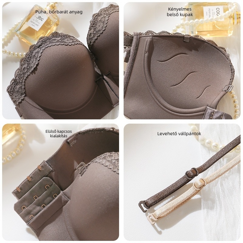 Pánt nélküli melltartó, 10 cm vast csészékkel, csúszásmentes, push-up kis mellekhez, elöl záródó, rejtett hátsó rész