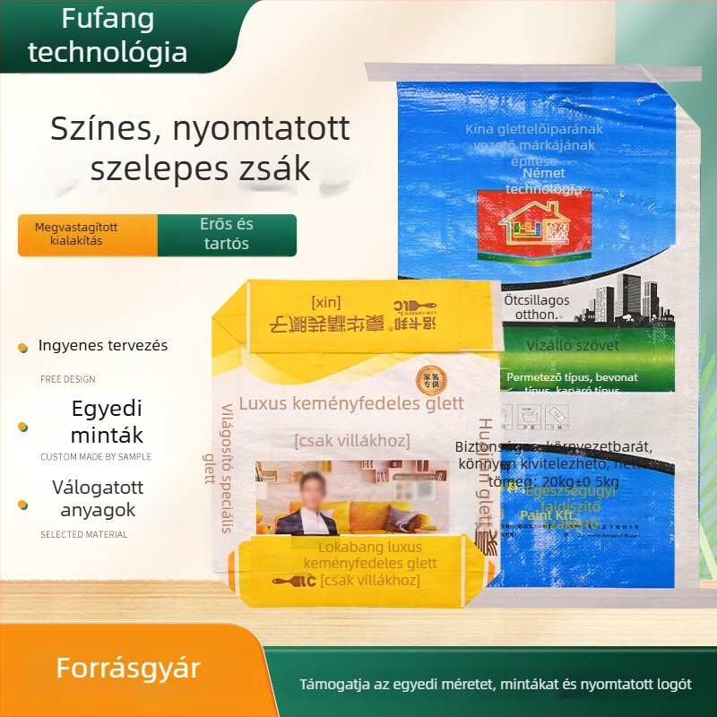 Laminált PP szőtt zsák színes nyomtatással és szeleppel, etetésre, gabonára, vegyi anyagokra és műtrágya granulátumokra