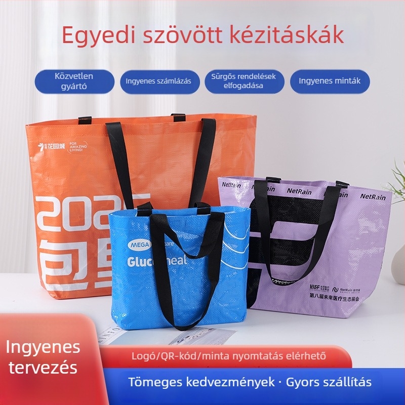 Szőtt táska személyre szabott logóval, laminált vízálló felülettel, újrahasználható ajándék bevásárlótáska