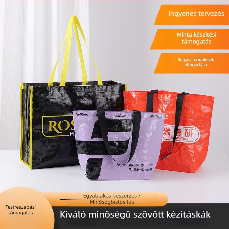 Szőtt táska személyre szabott logóval, laminált vízálló felülettel, újrahasználható ajándék bevásárlótáska