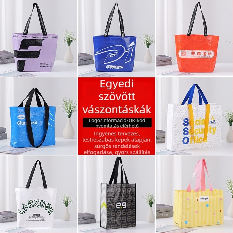 Szőtt táska személyre szabott logóval, laminált vízálló felülettel, újrahasználható ajándék bevásárlótáska