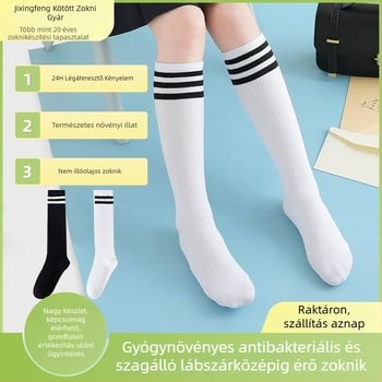 Gyerekeknek szánt nyári zoknik, vékonyak, a teljes lábszárig érőek, hálós mintás, lélegző, egyetemi stílus, fekete-fehér csíkos, antibakteriális és dezodoráló