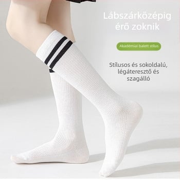 Gyerekeknek szánt nyári zoknik, vékonyak, a teljes lábszárig érőek, hálós mintás, lélegző, egyetemi stílus, fekete-fehér csíkos, antibakteriális és dezodoráló