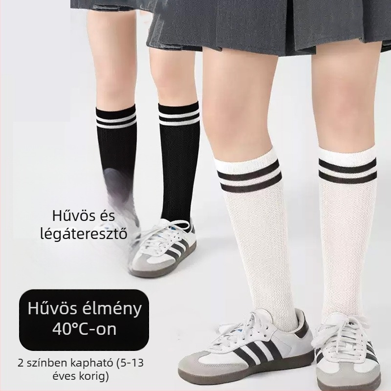 Gyerekeknek szánt nyári zoknik, vékonyak, a teljes lábszárig érőek, hálós mintás, lélegző, egyetemi stílus, fekete-fehér csíkos, antibakteriális és dezodoráló
