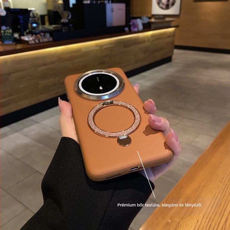 Huawei Mate70 Pro-hoz készült tokozás műbőrrel, csillogó részletek, mágneses állvány, arany színben – könnyű luxus