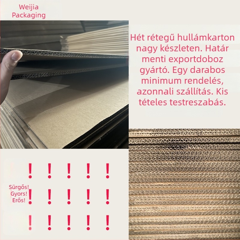 Raktáron: 3–5 rétegű, rendkívül erős hullámpapíros dobozok testreszabott nyomtatással, minimum rendelés 1 db