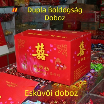Piros esküvői édességdoboz Dupla Boldogság motívummal