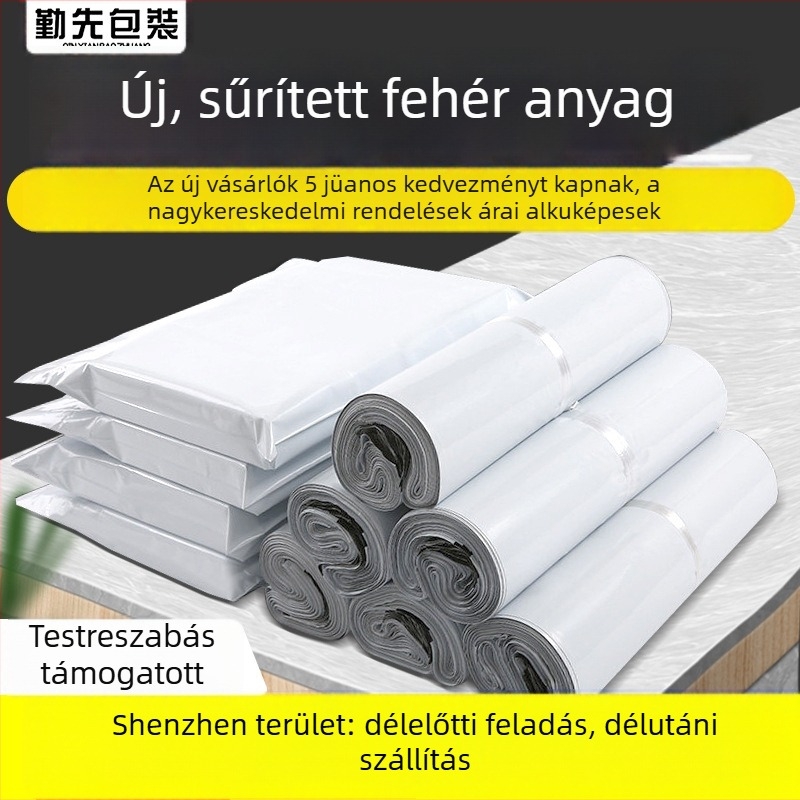 Fehér vastagított express csomagolózsákok, vízállóak ruházathoz, 5 kg teherbírás, 100% tiszta anyag