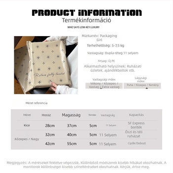 Vastagított expressz táska ruhákhoz, öntapadós vízálló zárással; méretek: nagy 38×52 cm, közepes 32×45 cm, kicsi 28×42 cm; anyag PE, dupla rétegű kivitel, nyomtatott logó, teherbírás kb. 5 kg