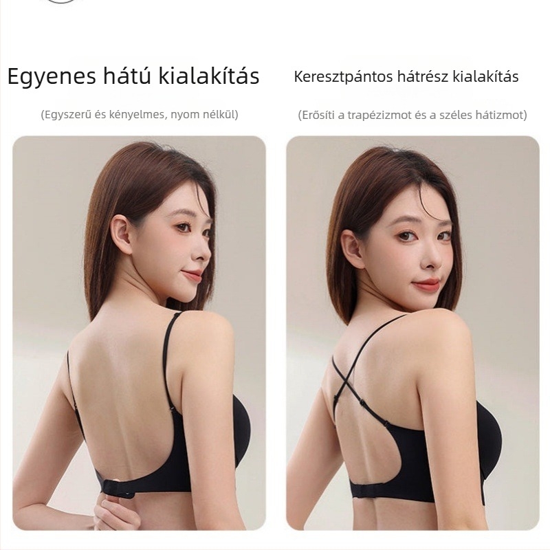 Varrás nélküli melltartó, hát U alakú, állítható keresztpántok, betűs minta, zárás egy sor horoggal, két hordozási mód, láthatatlan fehérnemű