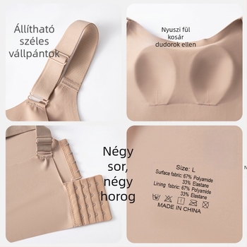 Nagy mellek formázására szolgáló, varrat nélküli, láthatatlan, könnyű sportos melltartó, hátul négy sor kapoccsal záródó