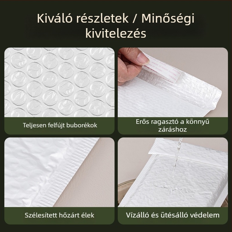 Fehér buborékos küldeményes zacskó, ütésálló hab, vastag műanyag csomagolás ruházathoz és kiegészítőkhöz, gyöngyházfényű buborékfólia