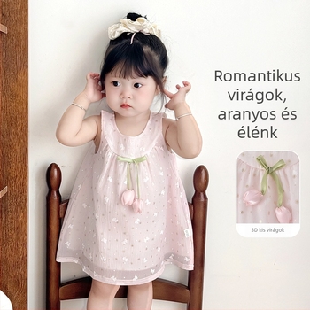 Pamutból készült pántos hercegnő-stílusú nyári ruha kislányoknak, A-vonalú fazon