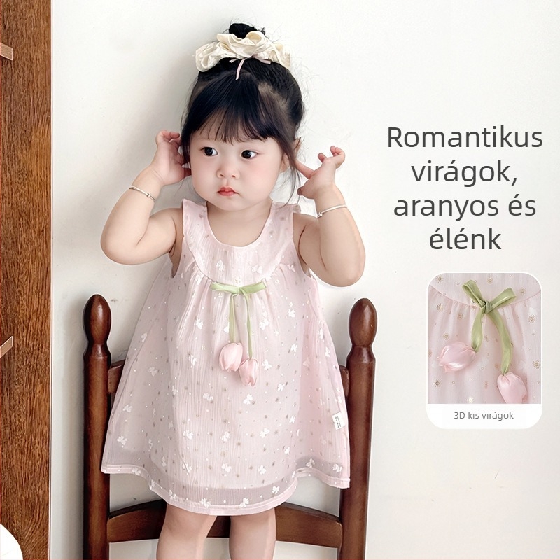 Pamutból készült pántos hercegnő-stílusú nyári ruha kislányoknak, A-vonalú fazon